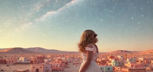 High definition image of a whimsical desert town bathed in pastel colors, reminiscent of Wes Anderson's style, with celestial themes portrayed in the sky above. Incorporate ethereal feminine figures gazing introspectively at the cosmos, symbolizing connection and isolation, with delicate details, playful symmetry, and elements reminiscent of the film "Asteroid City."