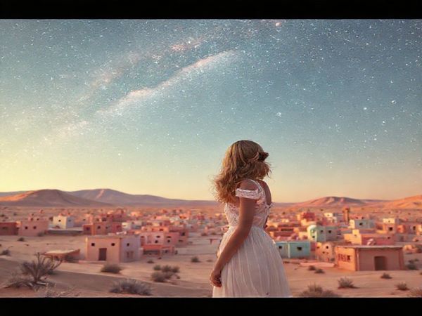 High definition image of a whimsical desert town bathed in pastel colors, reminiscent of Wes Anderson's style, with celestial themes portrayed in the sky above. Incorporate ethereal feminine figures gazing introspectively at the cosmos, symbolizing connection and isolation, with delicate details, playful symmetry, and elements reminiscent of the film "Asteroid City."