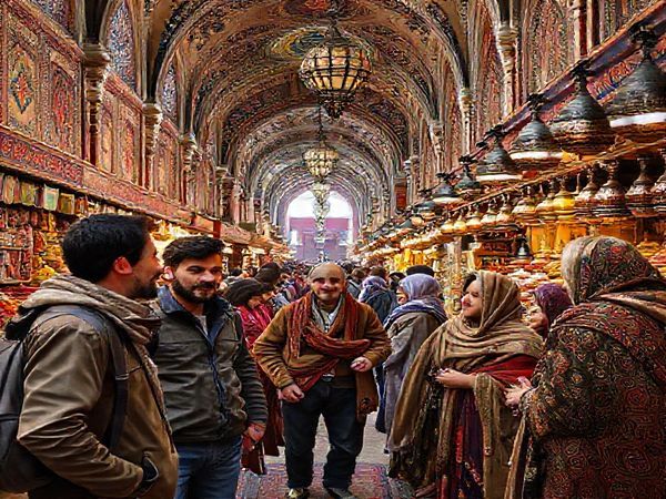 A vibrant, bustling Persian marketplace in high definition, with colorful stalls selling traditional Persian carpets, spices, and handicrafts. In the foreground, a diverse group of people—an enthusiastic traveler, a local vendor, and a family sharing stories—interact in Farsi, surrounded by intricate architecture and rich cultural elements of Iran, Afghanistan, and Tajikistan. The scene captures the essence of learning and connecting through language, infused with warmth, culture, and the beauty of Persian heritage.