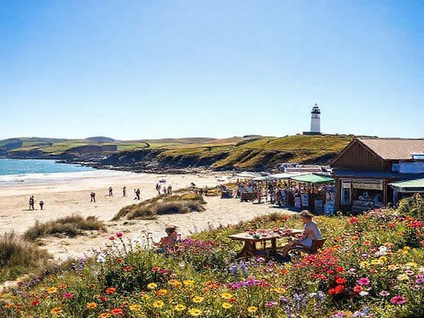 A high-definition image depicting the enchanting landscapes of Waverley, New Zealand, showcasing its rolling farmlands and rugged coastline under a bright blue sky. Capture the serene atmosphere of a summer day at Waverley Beach with families picnicking, vibrant flowers in full bloom, and a lighthouse in the background. Include elements of local culture, like market stalls and artisan shops, to reflect the town's welcoming community spirit.