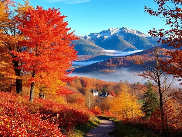 A breathtaking high-definition scene of the Harz Mountains during autumn, showcasing a vivid tapestry of fiery red, orange, and gold foliage blanketing the landscape. In the foreground, a serene hiking trail meanders through the colorful trees, while a quaint timber-framed village peeks through the mist. In the background, the majestic peaks of the mountains rise against a clear blue sky, inviting adventurers to explore. Capture the magical atmosphere of this enchanting region, highlighting its natural beauty and seasonal charm.