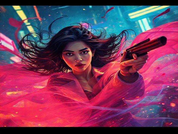 **Image Prompt:** Create a high-definition visual tapestry inspired by the film "Ghosted" (2023), featuring a vibrant color palette that captures both romantic intrigue and espionage. Depict a dynamic scene with Ana de Armas as a strong female lead, embodying both allure and agency, surrounded by swirling action elements. Include hints of futuristic settings and fluid camera work to illustrate movement and emotion, while subtly weaving in motifs of gender dynamics and personal ambition. Aim for a cinematic feel that balances excitement with depth.