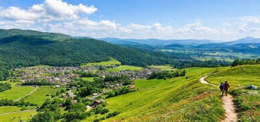 A scenic view of the Schwarzwaldhochstraße in summer, showcasing vibrant green hills and blooming wildflowers under a bright blue sky. Include charming villages nestled in the landscape and adventurous hikers on a winding trail. Capture the essence of nature's beauty and outdoor activities. High definition.