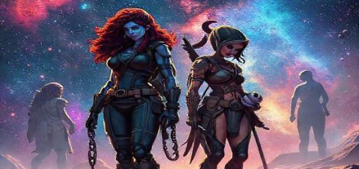 Create a high-definition image of a cosmic scene featuring a diverse group of powerful female characters in vibrant, fantastical alien worlds. The foreground showcases a gruff, introspective character resembling Nebula, alongside a fierce warrior reminiscent of Gamora, both standing defiantly against a backdrop of dazzling stars and colorful nebulae. Include hints of their emotional journeys, like a broken chain symbolizing reclamation of autonomy. In the background, subtle motifs of traditional gender roles contrast with fluid interpretations of masculinity, depicted by a loving figure nurturing a small creature. The overall tone should blend empowerment and complexity, inviting viewers to reflect on gender dynamics in a vibrant, imaginative setting.