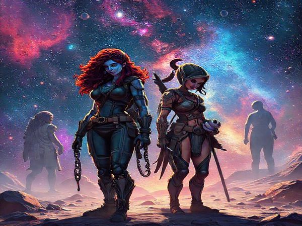 Create a high-definition image of a cosmic scene featuring a diverse group of powerful female characters in vibrant, fantastical alien worlds. The foreground showcases a gruff, introspective character resembling Nebula, alongside a fierce warrior reminiscent of Gamora, both standing defiantly against a backdrop of dazzling stars and colorful nebulae. Include hints of their emotional journeys, like a broken chain symbolizing reclamation of autonomy. In the background, subtle motifs of traditional gender roles contrast with fluid interpretations of masculinity, depicted by a loving figure nurturing a small creature. The overall tone should blend empowerment and complexity, inviting viewers to reflect on gender dynamics in a vibrant, imaginative setting.