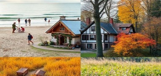 A picturesque scene capturing the essence of Landkreis Nordwestmecklenburg through all four seasons: a vibrant summer beach with families enjoying the Baltic Sea, a cozy winter village adorned with holiday decorations and soft snow, an autumnal forest ablaze with golden and crimson leaves, and a blossoming spring meadow filled with wildflowers and singing birds. The imagery should evoke tranquility, charm, and cultural richness, all in high definition.