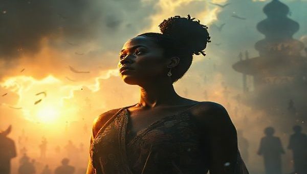 Create a high-definition image that captures a vibrant, ethereal cinematic scene inspired by "Sound of Freedom." The palette should transition from somber grays to luminous blues and warm golds, depicting a powerful interplay between light and shadow. In the foreground, depict a female figure, resilient yet contemplative, reflecting her inner strength amidst an enigmatic backdrop of scenes representing both empowerment and silence. Include subtle feminist symbols interwoven within the environment, inviting deeper exploration of her untold story.