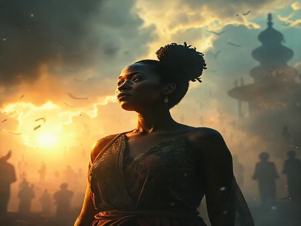Create a high-definition image that captures a vibrant, ethereal cinematic scene inspired by "Sound of Freedom." The palette should transition from somber grays to luminous blues and warm golds, depicting a powerful interplay between light and shadow. In the foreground, depict a female figure, resilient yet contemplative, reflecting her inner strength amidst an enigmatic backdrop of scenes representing both empowerment and silence. Include subtle feminist symbols interwoven within the environment, inviting deeper exploration of her untold story.