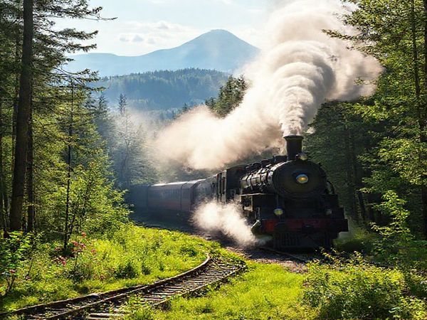 A charming steam locomotive chugging through mist-shrouded woods in the Harz Mountains, surrounded by vibrant summer greenery. The scene captures the essence of the Brockenbahn railway, with rays of sunlight filtering through the trees and a panoramic view of the Brocken peak in the distance. Render in high definition.