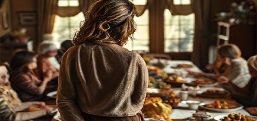 A warm and inviting Thanksgiving dinner scene set in a beautifully lit, rustic dining room, with a large table overflowing with traditional dishes. In the foreground, a weary yet thoughtful woman, embodying Julie, stands gazing longingly at her untouched art supplies, reflecting on her lost ambitions amidst family chatter. Soft natural light filters through the windows, highlighting the cozy, festive atmosphere while incorporating subtle elements that hint at patriarchal dynamics in the background. Capture the tension between familial warmth and the protagonist's quiet despair, in high definition.