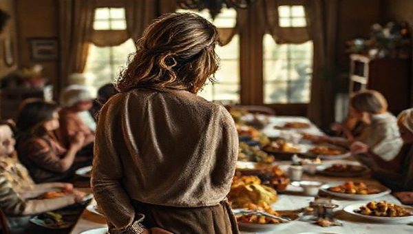 A warm and inviting Thanksgiving dinner scene set in a beautifully lit, rustic dining room, with a large table overflowing with traditional dishes. In the foreground, a weary yet thoughtful woman, embodying Julie, stands gazing longingly at her untouched art supplies, reflecting on her lost ambitions amidst family chatter. Soft natural light filters through the windows, highlighting the cozy, festive atmosphere while incorporating subtle elements that hint at patriarchal dynamics in the background. Capture the tension between familial warmth and the protagonist's quiet despair, in high definition.
