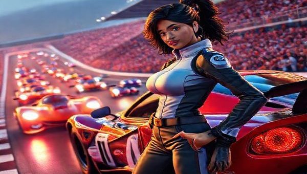 Create a high definition image depicting a thrilling racing scene from a movie-inspired universe, showcasing a diverse cast of characters, with a focus on inclusivity. In the foreground, a female character stands confidently next to her sleek racing car, exuding strength and ambition. In the background, a vibrant racing track filled with energetic crowds and dynamic, colorful cars zooming past. The scene should capture the essence of speed and excitement, while also highlighting the emotional connections between the characters amid the adrenaline-fueled environment.