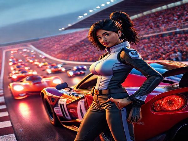 Create a high definition image depicting a thrilling racing scene from a movie-inspired universe, showcasing a diverse cast of characters, with a focus on inclusivity. In the foreground, a female character stands confidently next to her sleek racing car, exuding strength and ambition. In the background, a vibrant racing track filled with energetic crowds and dynamic, colorful cars zooming past. The scene should capture the essence of speed and excitement, while also highlighting the emotional connections between the characters amid the adrenaline-fueled environment.