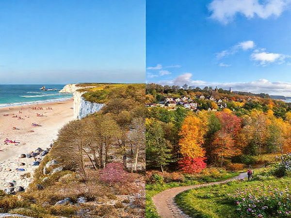 Create a high-definition image of Landkreis Vorpommern-Rügen capturing the essence of all four seasons: a vibrant summer beach scene with sunbathers and white chalk cliffs, a tranquil winter landscape adorned with festive lights and a cozy medieval town, a picturesque autumn forest filled with colorful foliage and migrating cranes, and a lively spring scene with blooming wildflowers and hikers exploring scenic trails. Let the beauty of nature and culture intertwine in this enchanting depiction.