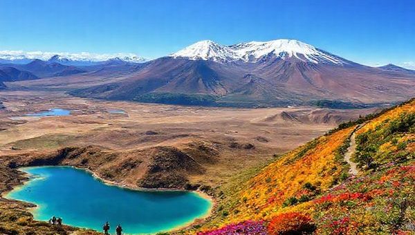 A breathtaking high-definition landscape of Tongariro National Park showcasing all four seasons: vibrant summer trails with hikers amidst turquoise lakes, winter snow-covered peaks with skiers descending Mount Ruapehu, serene autumn foliage with warm hues lining quiet trails, and lively spring blooms bursting with colors among the lush greenery. Each section should seamlessly blend into one another, capturing the park's diverse beauty throughout the year, under a clear blue sky.