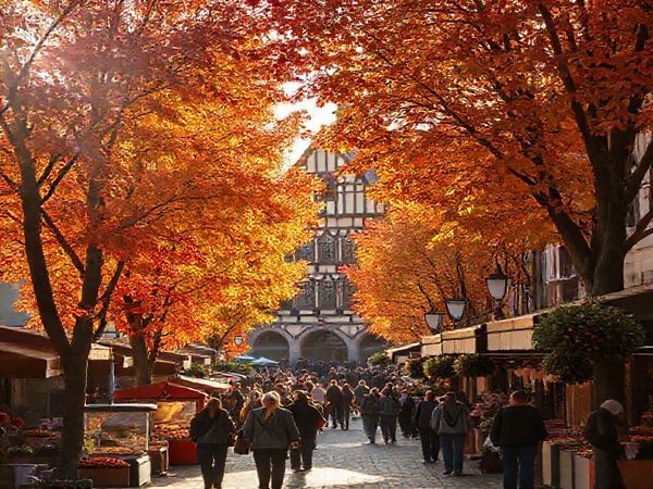 A picturesque scene of Düren in autumn, showcasing the town's charming streets lined with trees bursting in warm hues of red, orange, and gold. Include the iconic Düren Town Hall in the background, surrounded by people exploring vibrant farmers' markets. Soft, golden sunlight filters through the leaves, casting gentle shadows, while a few light showers create a cozy ambiance. Ensure the image is in high definition to capture the details of this serene atmosphere.