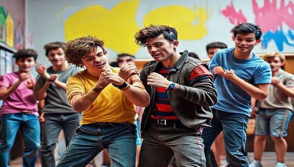 A vibrant high school scene bursting with youthful energy where two queer teenagers, PJ and Josie, lead a self-defense fight club, surrounded by exaggerated caricatures of hypermasculine male peers. The backdrop is colorful yet infused with irony, reflecting themes of gender subversion and rebellion against patriarchy. Capture the comedic elements through expressive characters engaged in playful tussles, while subtly highlighting the emotional connections and complexities of friendship. High definition.