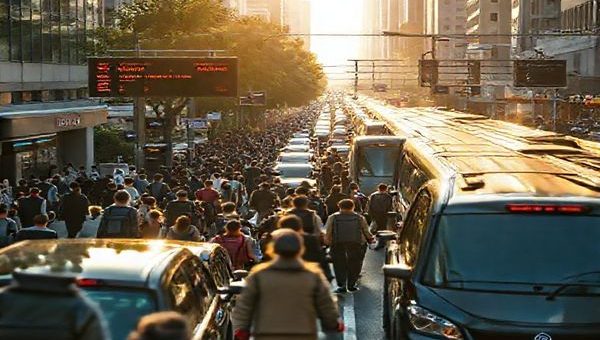 High definition image of a bustling urban street scene during rush hour, showing a diverse group of commuters making choices between a crowded road filled with cars and a sleek, appealing train station. The city is vibrant, with a mix of greenery and modernity, while digital displays show departure times and traffic statistics. Sunlight breaks through the morning haze, creating a sense of urgency and movement, highlighting the complexities of daily commuting decisions and their environmental impact.