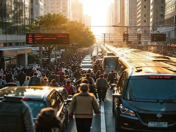 High definition image of a bustling urban street scene during rush hour, showing a diverse group of commuters making choices between a crowded road filled with cars and a sleek, appealing train station. The city is vibrant, with a mix of greenery and modernity, while digital displays show departure times and traffic statistics. Sunlight breaks through the morning haze, creating a sense of urgency and movement, highlighting the complexities of daily commuting decisions and their environmental impact.