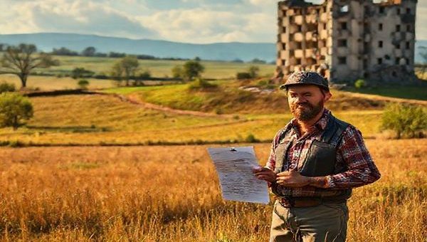 A high-definition image of a Romanian landscape reflecting the tension between the beauty of the countryside and the shadows of bureaucracy. In the foreground, a hopeful farmer stands with a small piece of reclaimed land, holding legal papers, while in the background, a crumbling government building symbolizes the struggle for property restitution. Use warm, inviting colors to convey resilience amidst the challenges of the past.
