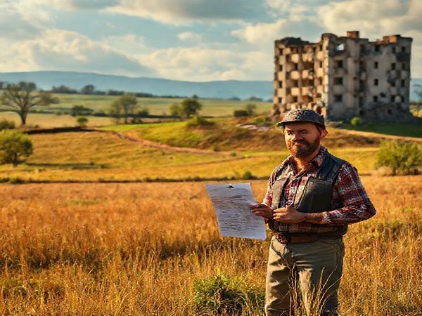 A high-definition image of a Romanian landscape reflecting the tension between the beauty of the countryside and the shadows of bureaucracy. In the foreground, a hopeful farmer stands with a small piece of reclaimed land, holding legal papers, while in the background, a crumbling government building symbolizes the struggle for property restitution. Use warm, inviting colors to convey resilience amidst the challenges of the past.