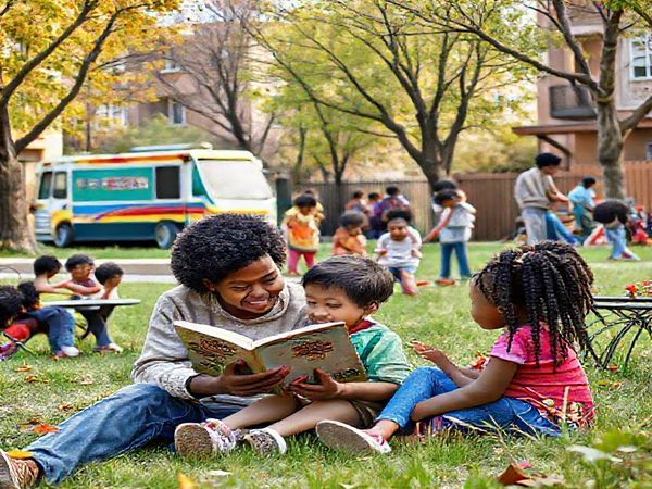 A high-definition image of a vibrant family scene set in a diverse urban neighborhood, where parents of varying socioeconomic statuses interact joyfully with their children. In the foreground, a warm-hearted parent reads to their child in a cozy park, while in the background, a group of kids plays games together. The environment is enriched with symbols of education and support, like a bookmobile and a community resource center, illustrating the impact of socioeconomic factors on parenting practices. The scene captures a blend of warmth, hope, and the intricate dynamics of family life.