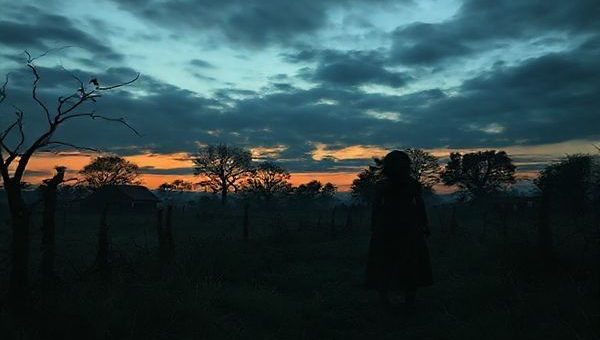 Create a high definition image of a haunting rural landscape at dusk, where the remnants of a small, eerie community can be seen under a shadowy sky. Incorporate elements of suspense with flickering shadows of female figures standing resolutely, embodying strength and defiance against an unseen, supernatural evil. Include subtle hints of patriarchal societal structures—like crumbling fences or abandoned homes—entwined with dark, creeping vines. The atmosphere should blend beauty and terror, inviting viewers to feel both the calm before the storm and the weight of unspoken struggles.