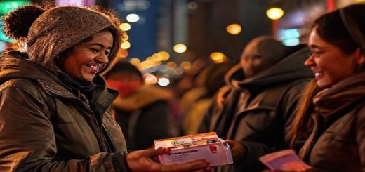 A vibrant scene depicting a compassionate volunteer distributing Naloxone kits to individuals experiencing homelessness during a nighttime Point-in-Time count. The atmosphere conveys hope and connection, with warm lights illuminating the faces of both the volunteers and recipients, symbolizing community support and empowerment. In the background, a cityscape hints at diversity, showcasing the various challenges faced. The image should be in high definition to capture the emotional intensity of this life-saving initiative.