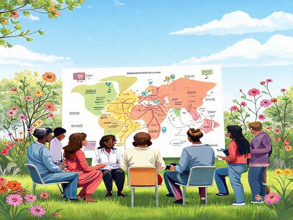 A vibrant, high-definition illustration showing a diverse group of social workers and mental health professionals actively collaborating in an outdoor setting. They are engaged in discussions around a large, colorful map symbolizing the interconnected systems of mental health care, the judicial system, and community services. In the background, elements representing hope and recovery, such as blooming flowers and clear skies, convey a sense of optimism and support for individuals with serious mental illnesses. The scene should emanate warmth and a human-centered approach in mental health care.