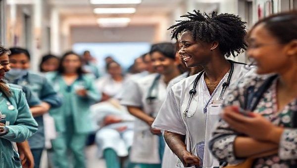 Imagine a bustling hospital corridor filled with medical social workers embodying resilience and compassion. The scene captures diverse individuals providing care, laughter, and support amidst patients and colleagues in need. In the background, a soft warm light symbolizes hope and health perception. The atmosphere is both chaotic and nurturing, illustrating the emotional landscape of healthcare. High definition image.