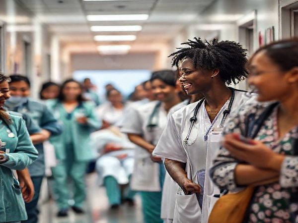 Imagine a bustling hospital corridor filled with medical social workers embodying resilience and compassion. The scene captures diverse individuals providing care, laughter, and support amidst patients and colleagues in need. In the background, a soft warm light symbolizes hope and health perception. The atmosphere is both chaotic and nurturing, illustrating the emotional landscape of healthcare. High definition image.