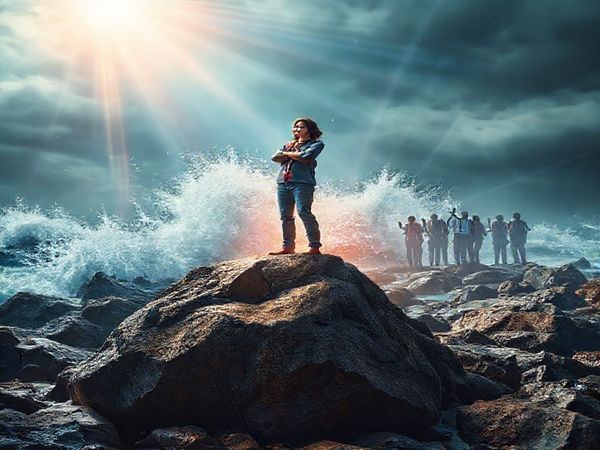 A high-definition image depicting a social worker standing confidently on a rocky shore, symbolizing resilience against workplace bullying. Surrounding them are abstract representations of emotional turmoil, like stormy waves, contrasted with vibrant symbols of meaning, such as glowing light beams and supportive colleagues in the background reach out in solidarity. The scene captures the tension between adversity and the search for purpose, evoking a sense of hope and determination in overcoming challenges within a workplace environment.