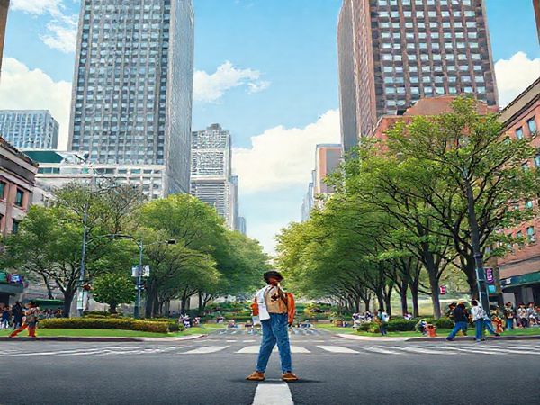 Create a high-definition image depicting a social worker standing at the intersection of a bustling city street and a serene park, embodying contrasts. The scene should illustrate the challenges of neoliberalism with visual metaphors like towering office buildings looming over the worker, symbolizing productivity pressures, while the park represents community care and human connection. Add elements like paperwork, clocks, and supportive colleagues in the background, highlighting resilience. The color palette should blend stark urban tones with warm, inviting greens to reflect the duality of the social worker’s role.