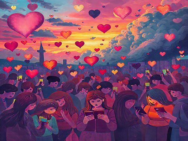 "Create a high definition image that captures the emotional landscape of LGBTQ+ individuals using dating apps in Southeast Europe. Visualize a digital world filled with vibrant colors and symbolic elements representing connection, acceptance, and the risks of cyberbullying. Include a diverse group of people engaging with their phones, reflecting a mix of joy and anxiety, intertwined with imagery of hearts and storm clouds to depict the emotional dichotomy. Make the scene dynamic and thought-provoking, showcasing both the promise of connection and the shadows of fear."
