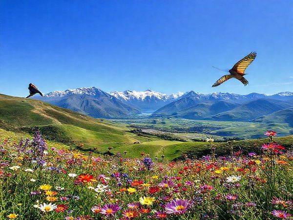 "Create a high definition image of Mount Sunday, New Zealand, during the enchanting spring season. Showcase a vibrant landscape filled with blooming wildflowers in brilliant colors, under a clear blue sky. Include rolling green hills and the majestic Southern Alps in the background, capturing the essence of renewal and vibrancy. Add native birds to bring life to the scene, evoking a sense of connection with nature."