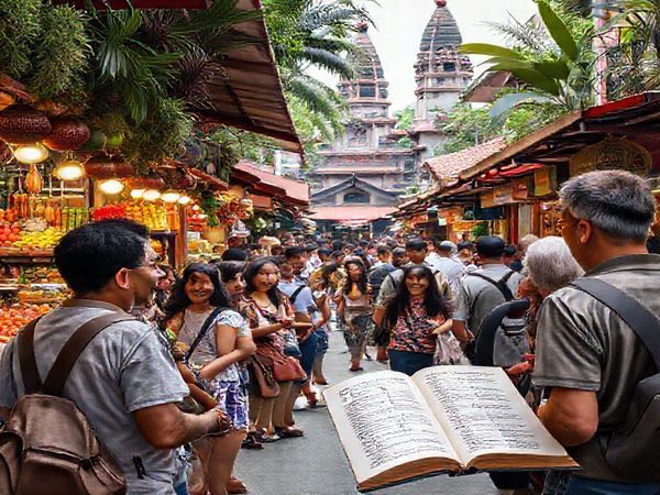 Create a high-definition image depicting a vibrant Malaysian street market filled with colorful stalls selling exotic fruits, spices, and traditional crafts. In the foreground, a diverse group of people, including tourists and locals, are engaged in lively conversations, with some learning Malay phrases from an open textbook. The background features lush tropical plants and iconic architecture, illustrating the rich culture and beauty of Malaysia, creating an inviting atmosphere for language learning.