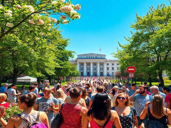 A vivid depiction of Dessau Bauhaus in summer, showcasing its iconic white and gray architecture enveloped in vibrant greenery under a clear blue sky. Visitors enjoy the lively atmosphere, capturing photographs with friends amidst blooming flowers. Include sunny light filtering through the trees, creating playful shadows. Render this scene in high definition, emphasizing the clean lines of the Bauhaus buildings and the dynamic energy of the crowd.