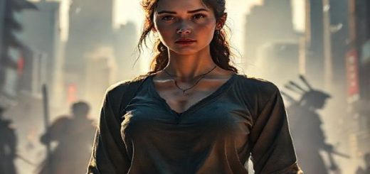 A high-definition image of a strong, female protagonist, Elena, standing confidently in a dystopian cityscape, her expression thoughtful and compassionate. Surround her with ethereal light and shadows that symbolize emotional strength and resilience. In the background, depict fragmented silhouettes of traditional warriors, emphasizing her unarmed power through dialogue and understanding. Add soft, haunting colors that evoke a sense of beauty and depth, reflecting the themes of compassion and inner strength.