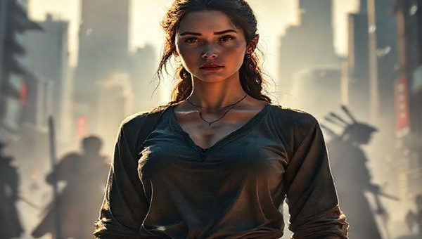 A high-definition image of a strong, female protagonist, Elena, standing confidently in a dystopian cityscape, her expression thoughtful and compassionate. Surround her with ethereal light and shadows that symbolize emotional strength and resilience. In the background, depict fragmented silhouettes of traditional warriors, emphasizing her unarmed power through dialogue and understanding. Add soft, haunting colors that evoke a sense of beauty and depth, reflecting the themes of compassion and inner strength.