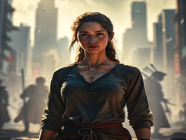 A high-definition image of a strong, female protagonist, Elena, standing confidently in a dystopian cityscape, her expression thoughtful and compassionate. Surround her with ethereal light and shadows that symbolize emotional strength and resilience. In the background, depict fragmented silhouettes of traditional warriors, emphasizing her unarmed power through dialogue and understanding. Add soft, haunting colors that evoke a sense of beauty and depth, reflecting the themes of compassion and inner strength.