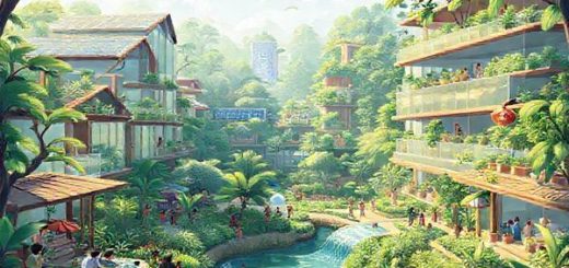 A vibrant and high-definition illustration depicting a sustainable business hub in Vietnam, blending lush greenery with modern architecture. Show diverse people working together, incorporating concepts of inclusivity, circularity, and green practices. Include elements like solar panels, water recycling systems, and community gardens to emphasize sustainability. The scene should convey a sense of collaboration and innovation, reflecting a harmonious future where business growth and environmental stewardship coexist.