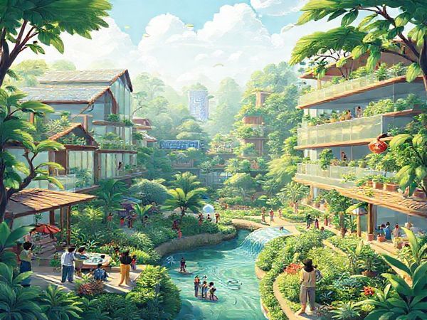 A vibrant and high-definition illustration depicting a sustainable business hub in Vietnam, blending lush greenery with modern architecture. Show diverse people working together, incorporating concepts of inclusivity, circularity, and green practices. Include elements like solar panels, water recycling systems, and community gardens to emphasize sustainability. The scene should convey a sense of collaboration and innovation, reflecting a harmonious future where business growth and environmental stewardship coexist.