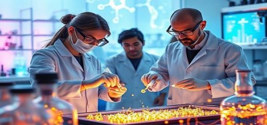 A high-definition image depicting a futuristic laboratory where researchers are innovating photocatalysis techniques. Show scientists in lab coats manipulating glowing titanium dioxide particles infused with palladium, surrounded by high-tech equipment and holographic displays showcasing chemical reactions. In the background, illustrate a vibrant, clean environment representing the potential impact of their work on pollution reduction and sustainable energy. The atmosphere is electric with curiosity and innovation.