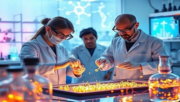 A high-definition image depicting a futuristic laboratory where researchers are innovating photocatalysis techniques. Show scientists in lab coats manipulating glowing titanium dioxide particles infused with palladium, surrounded by high-tech equipment and holographic displays showcasing chemical reactions. In the background, illustrate a vibrant, clean environment representing the potential impact of their work on pollution reduction and sustainable energy. The atmosphere is electric with curiosity and innovation.
