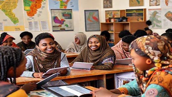 Create a high definition image of a vibrant classroom setting with diverse students engaged in learning Somali. The walls are adorned with colorful maps of Somalia and posters showcasing Somali poetry and traditional art. In the foreground, a cheerful teacher assists a student with pronunciation, while other students practice speaking with each other. The atmosphere is lively, filled with books, language learning apps on tablets, and cultural items like traditional Somali artifacts, depicting the richness of Somali heritage and education.