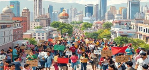 High definition image of a vibrant cityscape illustrating the concept of a "Human Rights City," with diverse citizens engaging in community activism and cultural celebrations, featuring symbolisms of freedom, equality, and dignity. Highlight elements like open public forums, murals depicting human rights themes, and green spaces that reflect resilience and innovation in urban governance. Include a backdrop showcasing iconic landmarks of Gwangju, South Korea, emphasizing its role as a pioneering human rights city.