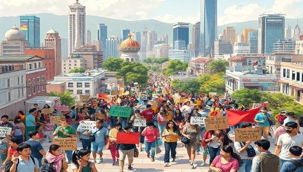 High definition image of a vibrant cityscape illustrating the concept of a "Human Rights City," with diverse citizens engaging in community activism and cultural celebrations, featuring symbolisms of freedom, equality, and dignity. Highlight elements like open public forums, murals depicting human rights themes, and green spaces that reflect resilience and innovation in urban governance. Include a backdrop showcasing iconic landmarks of Gwangju, South Korea, emphasizing its role as a pioneering human rights city.
