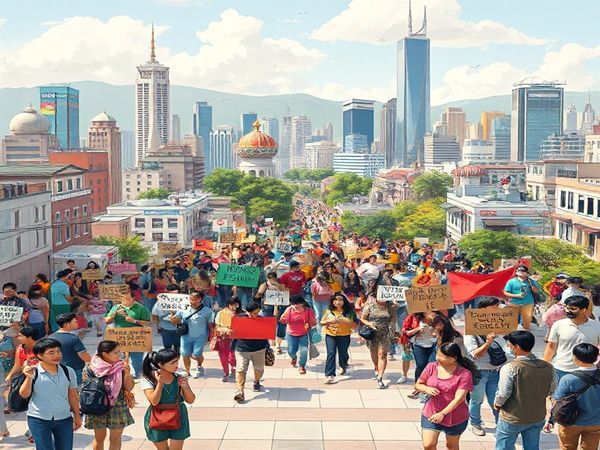 High definition image of a vibrant cityscape illustrating the concept of a "Human Rights City," with diverse citizens engaging in community activism and cultural celebrations, featuring symbolisms of freedom, equality, and dignity. Highlight elements like open public forums, murals depicting human rights themes, and green spaces that reflect resilience and innovation in urban governance. Include a backdrop showcasing iconic landmarks of Gwangju, South Korea, emphasizing its role as a pioneering human rights city.