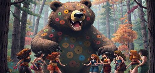 Create a high-definition image of a surreal forest scene where a giant, whimsical bear is comically rampaging through vibrant trees, surrounded by a diverse group of strong female characters who are confidently collaborating and strategizing amidst the chaos. The bear, adorned with colorful patterns and exaggerated features, symbolizes wild feminine power while the women demonstrate agency and solidarity, breaking traditional gender roles. The ambiance should blend elements of dark comedy and vibrant colors, invoking both laughter and thoughtfulness about societal norms.