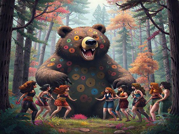 Create a high-definition image of a surreal forest scene where a giant, whimsical bear is comically rampaging through vibrant trees, surrounded by a diverse group of strong female characters who are confidently collaborating and strategizing amidst the chaos. The bear, adorned with colorful patterns and exaggerated features, symbolizes wild feminine power while the women demonstrate agency and solidarity, breaking traditional gender roles. The ambiance should blend elements of dark comedy and vibrant colors, invoking both laughter and thoughtfulness about societal norms.